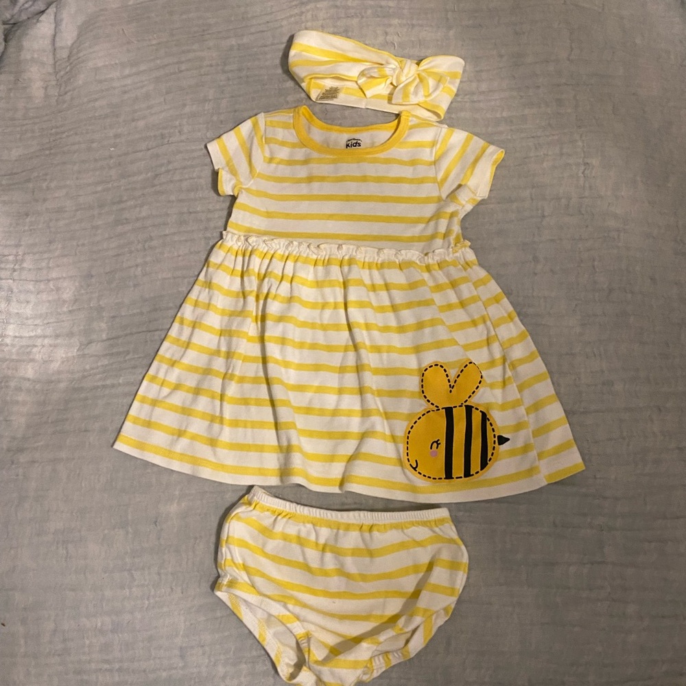 Adorable 2T yellow and white stripe bee dress with bloomers and head wrap